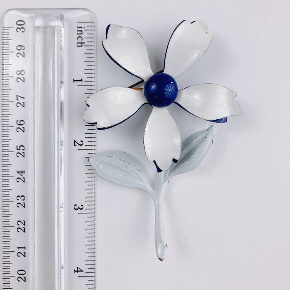 Vintage 60's Blue White Enamel Flower Brooch Pin Retro Mid Century Metal Jewelry - Picture 10 of 11